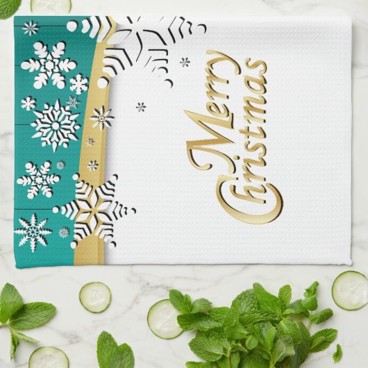 Elegant Blauwgroen, goud en witte kerst Theedoek (Gevouwen)