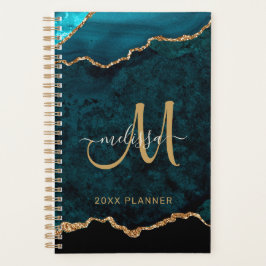 Elegant Blauwgroen Goud Glitter Agaat Monogram 202 Planner