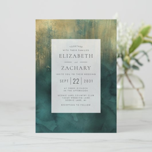 Elegant Blauwgroen Goud Waterverf Bruiloft Kaart (Staand voorkant)