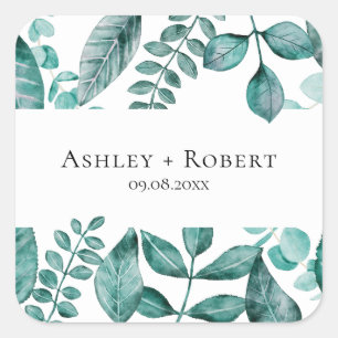 Elegant Blauwgroen Greenery Waterverf Modern Weddi Vierkante Sticker