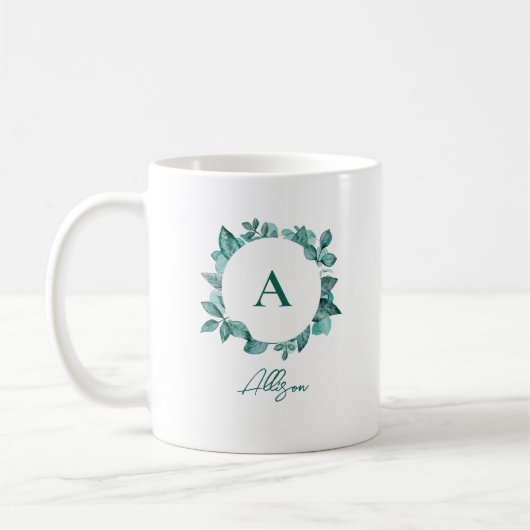 Elegant Blauwgroen Greenery Waterverf Monogram Koffiemok (Links)