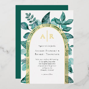 Elegant Blauwgroen Greenery Waterverf Wedding Gold Folie Uitnodiging