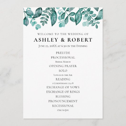 Elegant Blauwgroen groen laat trouwceremonie Programma (Voorkant)