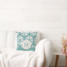 Elegant Blauwgroen Monogram Kerstster Kussen