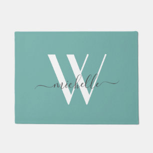Elegant Blauwgroen monogram Name Script Deurmat