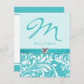 Elegant Blauwgroen Monogram Wedding Invites with D Kaart (Voorkant / Achterkant)