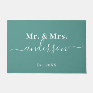 Elegant Blauwgroen Mr en Mrs Name Script Wedding Deurmat