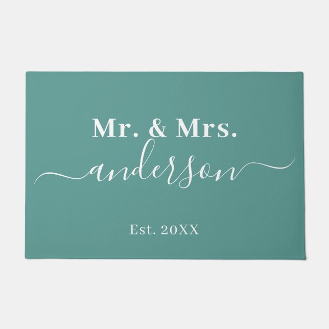 Elegant Blauwgroen Mr en Mrs Name Script Wedding Deurmat (Voorkant)