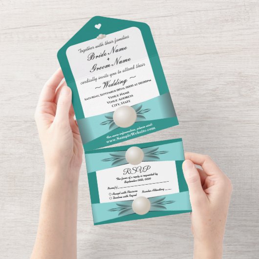 Elegant Blauwgroen Pearl Lint Bruiloft & RSVP Alle All In One Uitnodiging (Afscheurbaar)