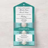 Elegant Blauwgroen Pearl Lint Bruiloft & RSVP Alle All In One Uitnodiging (Binnen)