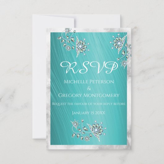 Elegant Blauwgroen Rhinetsone Jewel met marmergren RSVP Kaartje (Voorkant)