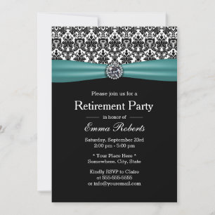 Elegant Blauwgroen Ribbon Damask Retirement Party Kaart