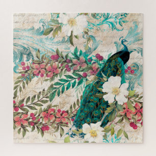 Elegant  Blauwgroen Roze Cream Peacock Floral Legpuzzel