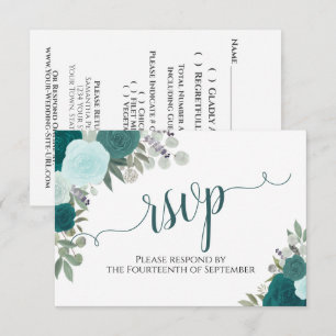 Elegant Blauwgroen Rozen Floral Calligraphy Weddin RSVP Kaartje