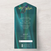 Elegant Blauwgroen satijn en pauw All In One Uitnodiging (Binnen)