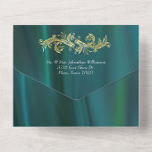 Elegant Blauwgroen satijn en pauw All In One Uitnodiging (Achterkant)