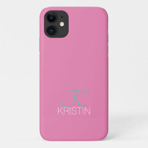 Elegant Blauwgroen Script Monogram & Naam, Roze iPhone 11 Hoesje