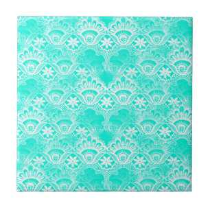 Elegant Blauwgroen Turquoise Lace Damask Pattern Tegeltje