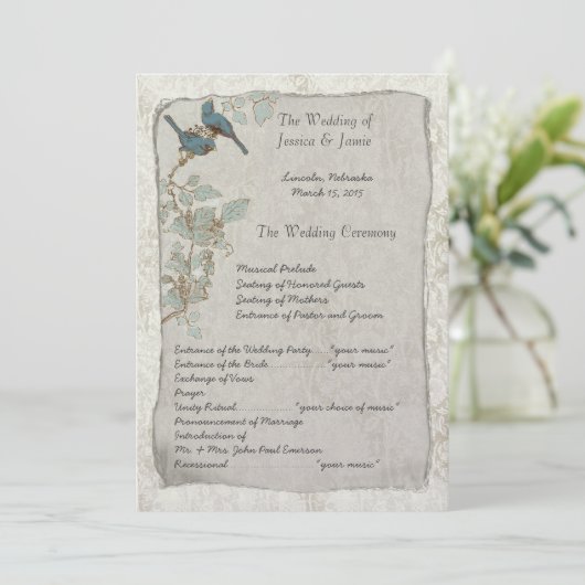 Elegant Blauwgroen vogelprogramma Damask Wedding Programma (Staand voorkant)