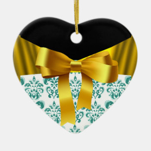 ELEGANT BLAUWGROEN WHITE DAMASK GOLD RIBBON MONOGR KERAMISCH ORNAMENT