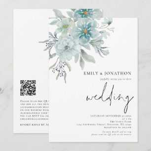 Elegant Blauwgroen Zee Mist Florals QR Code Wedden Kaart