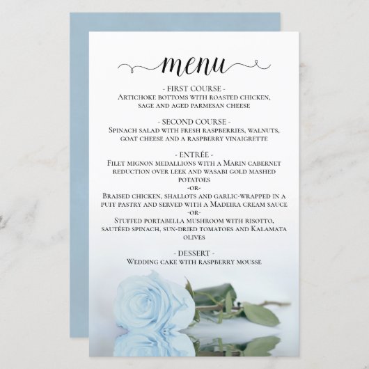 Elegant Bleek Dusty Blue Roos Budget Wedding Menu (Voorkant / Achterkant)