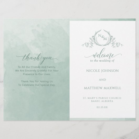 Elegant Bleek Green Folded Wedding Ceremony Progra (Voorkant)