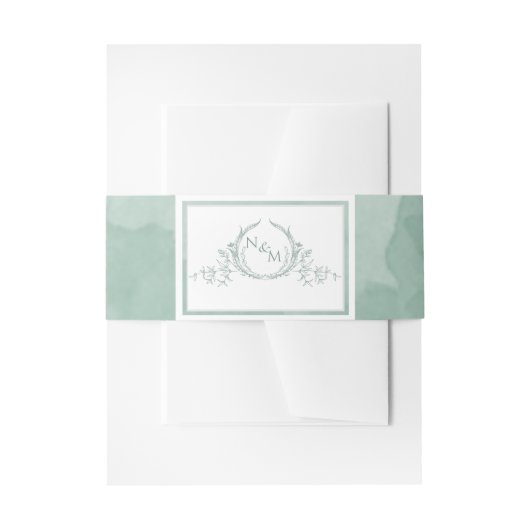 Elegant Bleke Groene Waterverf, Monogram Wedding Uitnodigingen Wikkel (Voorkant Voorbeeld)