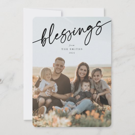 Elegant 'Blessings' Black Typographic Script Feestdagenkaart (Voorkant)