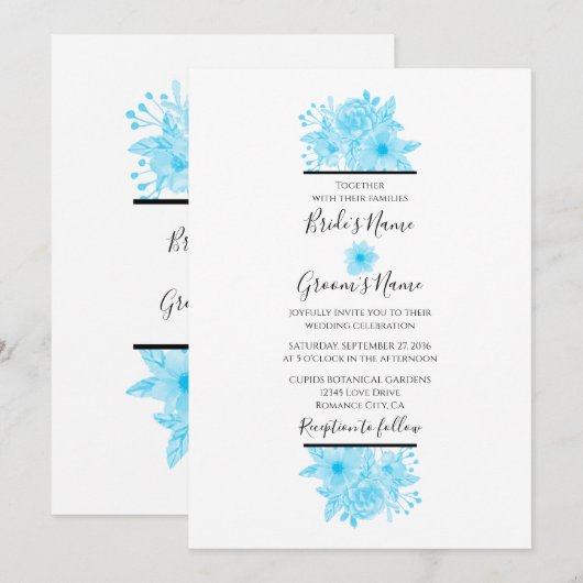 Elégant bleu aquarelle Floral Wedding Invitations (Devant / Derrière)
