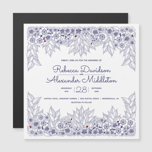 Élégant bleu blanc Mariage rappel Magnet (Devant / Derrière)