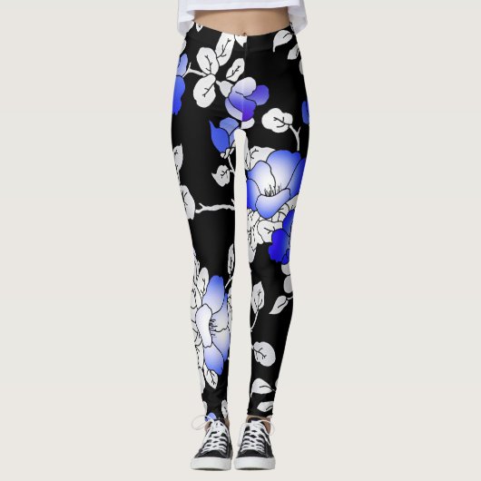 Élégant Bleu Blanc Noir Leggings Floraux (Devant)