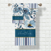 Élégant bleu bleu blanc floral rayure Monogramme