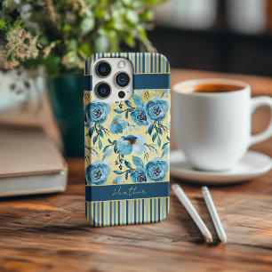 Élégant bleu bleu or floral rayure Monogramme