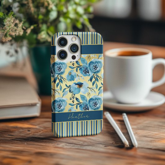 Élégant bleu bleu or floral rayure Monogramme