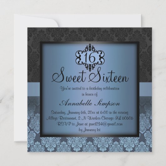 Elégant bleu chic Damask Sweet16 Invitation (Devant)