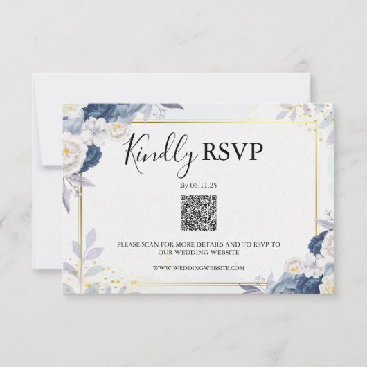 Elégant bleu Dusty et or Floral Rsvp Qr Code (Devant)
