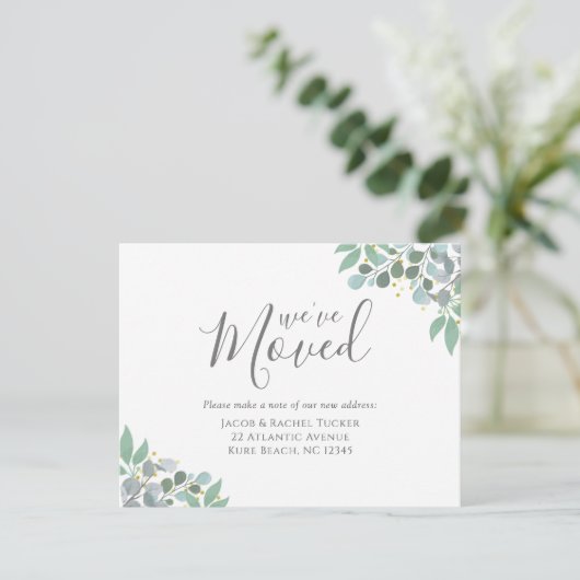 Elégant bleu Dusty Eucalyptus Moving Faire-part (Debout devant)