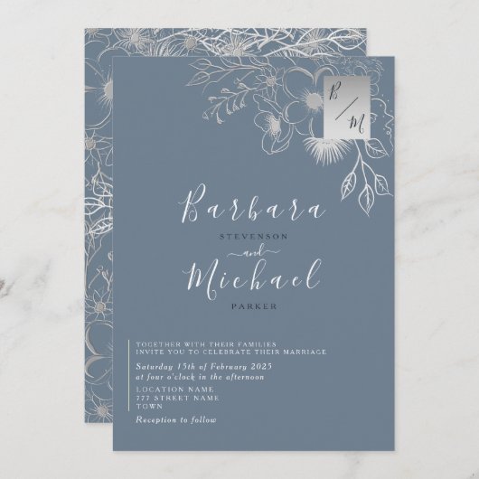 Élégant bleu Dusty Monogramme Faire-part de mariag (Devant / Derrière)