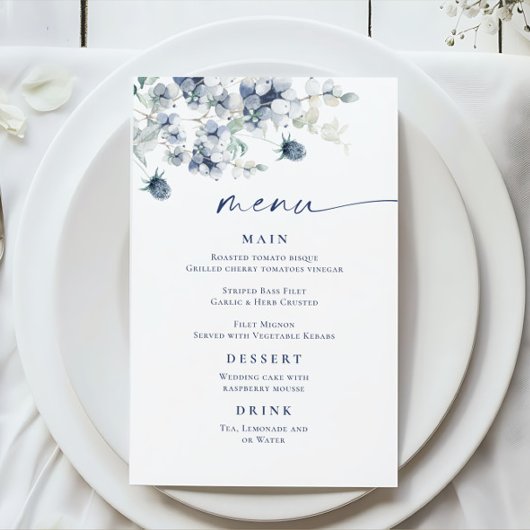Elégant bleu Dusty Winter Foliage Menu Mariage