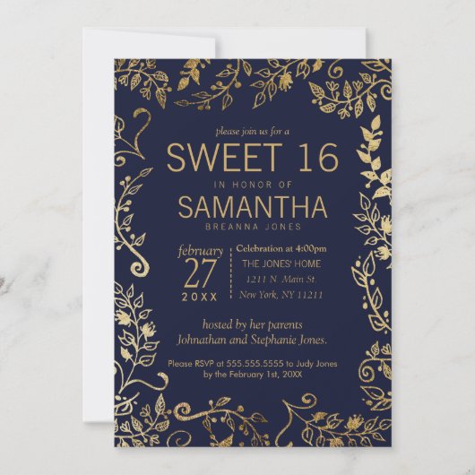 Élégant bleu et or Floral Sweet 16 Invitations (Devant)