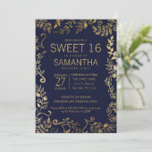Élégant bleu et or Floral Sweet 16 Invitations (Debout devant)