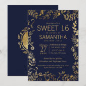 Élégant bleu et or Floral Sweet 16 Invitations (Devant / Derrière)