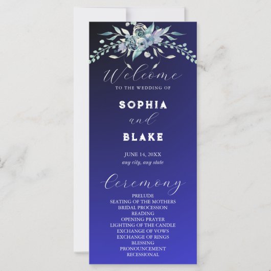 Élégant bleu et vert Floral Blue Wedding Programme (Devant)