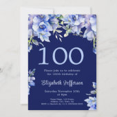 Elégant bleu floral 100e anniversaire Invitation (Devant)
