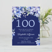 Elégant bleu floral 100e anniversaire Invitation (Debout devant)