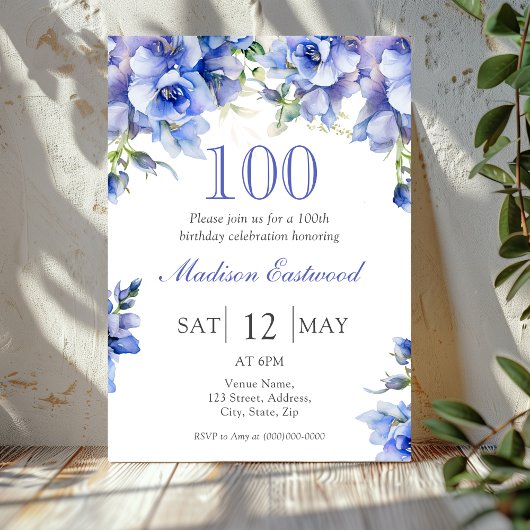 Elégant bleu floral 100e anniversaire Invitation
