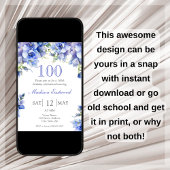 Elégant bleu floral 100e anniversaire Invitation