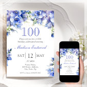 Elégant bleu floral 100e anniversaire Invitation