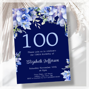 Elégant bleu floral 100e anniversaire Invitation
